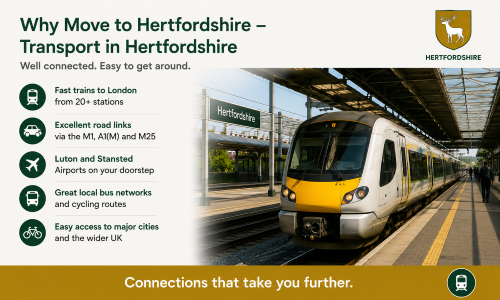 “Why Move to Hertfordshire – Transport in Hertfordshire” infographic highlighting the county’s strong transport links, including fast trains to London, excellent road access via the M1, A1(M) and M25, nearby Luton and Stansted airports, local bus networks, cycling routes, and connections to major UK cities. The image features a modern train at a Hertfordshire station with the Hertfordshire crest and green-and-gold branding.”