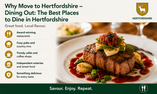 “Why Move to Hertfordshire – Dining Out: The Best Places to Dine in Hertfordshire” infographic highlighting Hertfordshire’s food scene, including award-winning restaurants, cosy pubs and country inns, trendy cafés, coffee shops, independent eateries, street food, and dining options for every taste. The image features a plated gourmet meal, the Hertfordshire crest, and green-and-gold county branding.”
