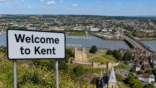 Welcome to Kent road sign overlooking Rochester Castle, the River Medway, a bridge and the surrounding Kent town landscape. Why Move to Kent