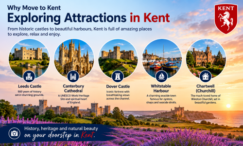 “Why Move to Kent – Exploring Attractions in Kent” infographic showcasing some of Kent’s most iconic landmarks and visitor destinations, including Leeds Castle, Canterbury Cathedral, Dover Castle, Whitstable Harbour, and Chartwell. The image highlights Kent’s rich history, heritage, coastline, gardens, and natural beauty, demonstrating why moving to Kent offers access to world-famous attractions, cultural experiences, and scenic countryside on your doorstep.”