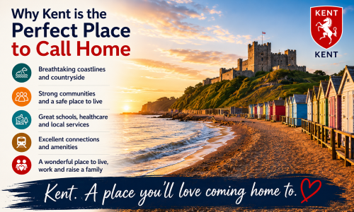“Why Move to Kent – Why Kent is the Perfect Place to Call Home” infographic featuring a stunning Kent coastline at sunset, colourful beach huts, a historic castle overlooking the sea, and the Kent red horse crest. The image highlights Kent’s breathtaking countryside and coastline, strong communities, excellent schools and healthcare, superb transport connections, and family-friendly lifestyle, showcasing why moving to Kent offers a high quality of life in one of England’s most desirable counties.”