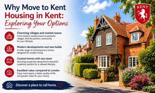 “Why Move to Kent – Housing in Kent: Exploring Your Options” infographic featuring traditional Kent homes, village streets, and the Kent red horse crest. The image highlights charming villages and market towns, modern developments and new builds, coastal homes with sea views, and better value compared to London.