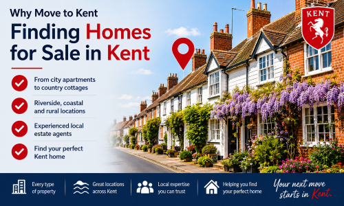 “Why Move to Kent – Finding Homes for Sale in Kent” property infographic featuring a sunny Kent village street with terraced homes, flowering gardens, a location pin, and the Kent red horse crest. The image highlights city apartments, country cottages, riverside homes, coastal and rural locations, local estate agent expertise, and support finding the perfect Kent home.