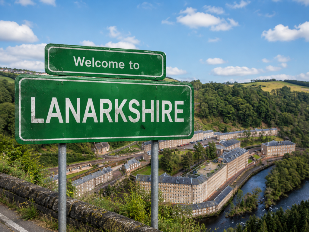 Welcome to Lanarkshire road sign in front of New Lanark, with riverside mill buildings, woodland, hills and a bright blue sky in the background. Why Move to Lanarkshire