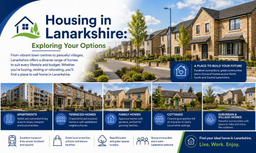 Housing in Lanarkshire graphic showing new-build homes, sandstone terraces, family houses, cottages and village homes, with icons for transport, amenities, parks and local communities. Why Move to Lanarkshire