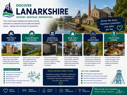 Discover Lanarkshire tourism graphic showing heritage sites, countryside, museums, town centres, cycling, local food, New Lanark, Chatelherault Country Park, Strathclyde Country Park and Bothwell Castle. Why Move to Lanarkshire