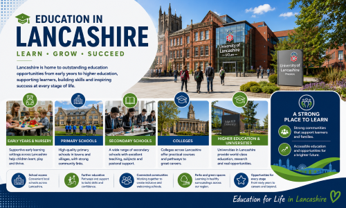 Education in Lancashire graphic showing schools, nurseries, colleges, the University of Lancashire, Edge Hill University, students, green spaces and learning opportunities across the county. Why Move to Lancashire