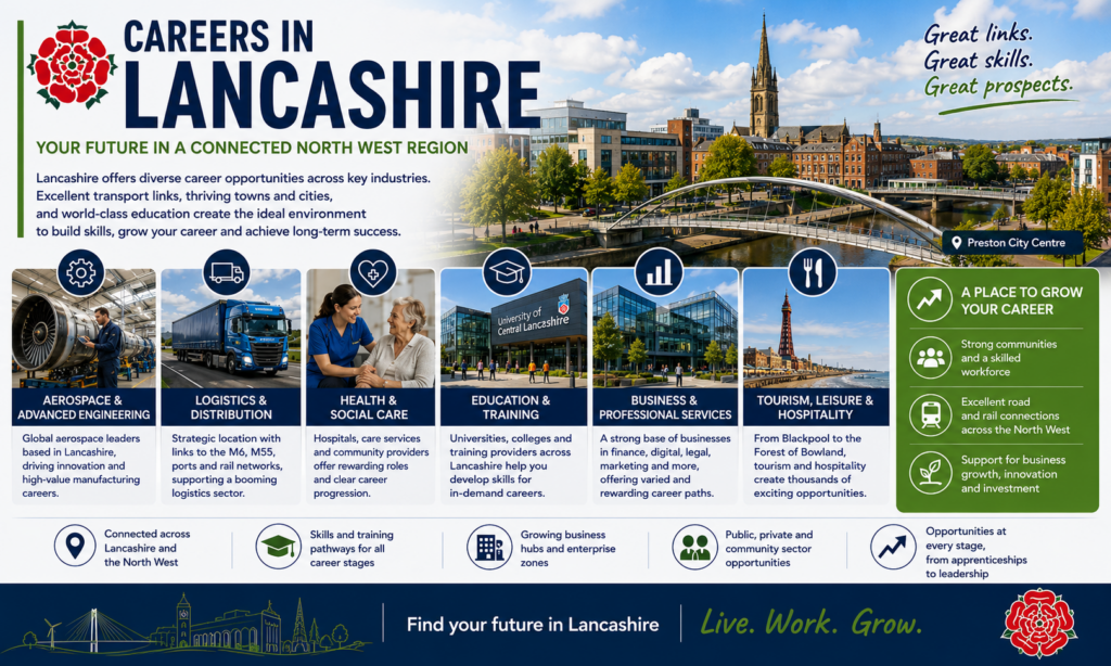 Careers in Lancashire graphic showing aerospace, advanced engineering, logistics, health and social care, education, business services, tourism and hospitality, with Preston city centre, Blackpool Tower, transport links and the Lancashire red rose. Why Move to Lancashire