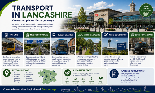 Transport in Lancashire graphic showing Preston railway station, rail links, M6 and M61 motorways, buses, walking and cycling routes, Manchester Airport access, taxis, key county connections and sustainable travel options.