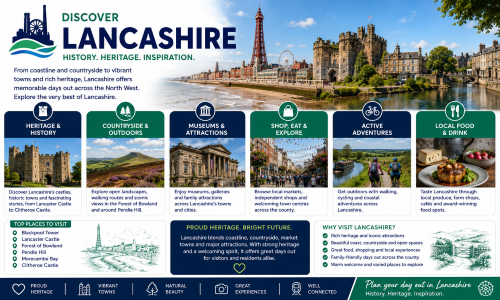 Discover Lancashire graphic showing Blackpool Tower, Lancaster Castle, Forest of Bowland, Pendle Hill, Morecambe Bay, Clitheroe Castle, local markets, cycling routes and Lancashire food and drink. Why Move to Lancashire