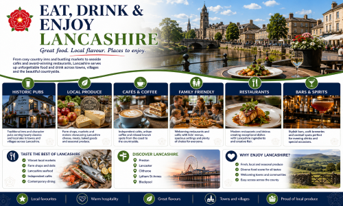 Eat, Drink and Enjoy Lancashire graphic showing historic pubs, local produce, cafés, family dining, restaurants, bars, seafood, markets, Lancashire cheese and town-centre food scenes. Why Move to Lancashire