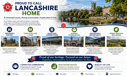 Proud to Call Lancashire Home graphic showing Lancaster, Preston, local towns, rail links, community life, education, green spaces, countryside and quality of life across Lancashire. Why Move to Lancashire