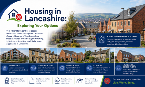 Housing in Lancashire graphic showing apartments, terraced homes, family houses, cottages and new-build developments, with red-brick streets, stone homes, countryside, transport links and local amenities. Why Move to Lancashire
