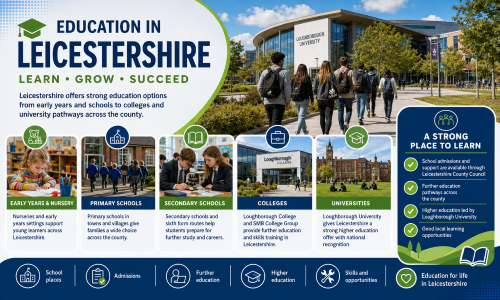 Education in Leicestershire graphic showing Loughborough University, Loughborough College, early years learning, primary schools, secondary schools and icons for admissions, further education, skills and opportunities. Why Move to Leicestershire