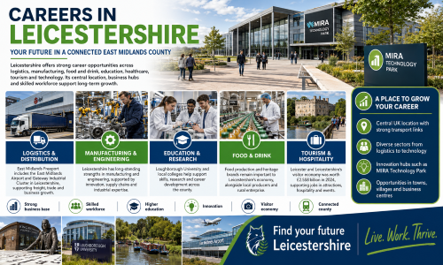 Careers in Leicestershire graphic showing logistics, manufacturing, engineering, education, research, food and drink, tourism and hospitality, with MIRA Technology Park, East Midlands Airport and Loughborough University. Why Move to Leicestershire