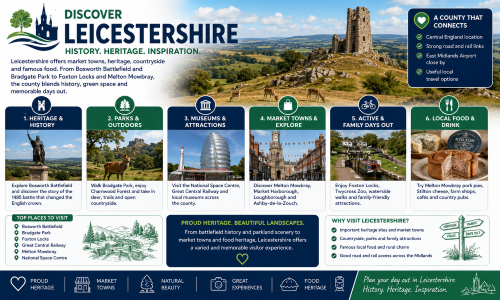 Discover Leicestershire graphic showing Bosworth Battlefield, Bradgate Park, the National Space Centre, market towns, Foxton Locks, local food, pork pies, Stilton cheese and countryside attractions. Why Move to Leicestershire