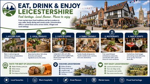 Eat, Drink and Enjoy Leicestershire graphic showing historic pubs, local produce, cafés, family dining, restaurants and bars, with Melton Mowbray pork pies, Stilton cheese, market-town scenes and countryside food heritage across Leicestershire. Why Move to Leicestershire