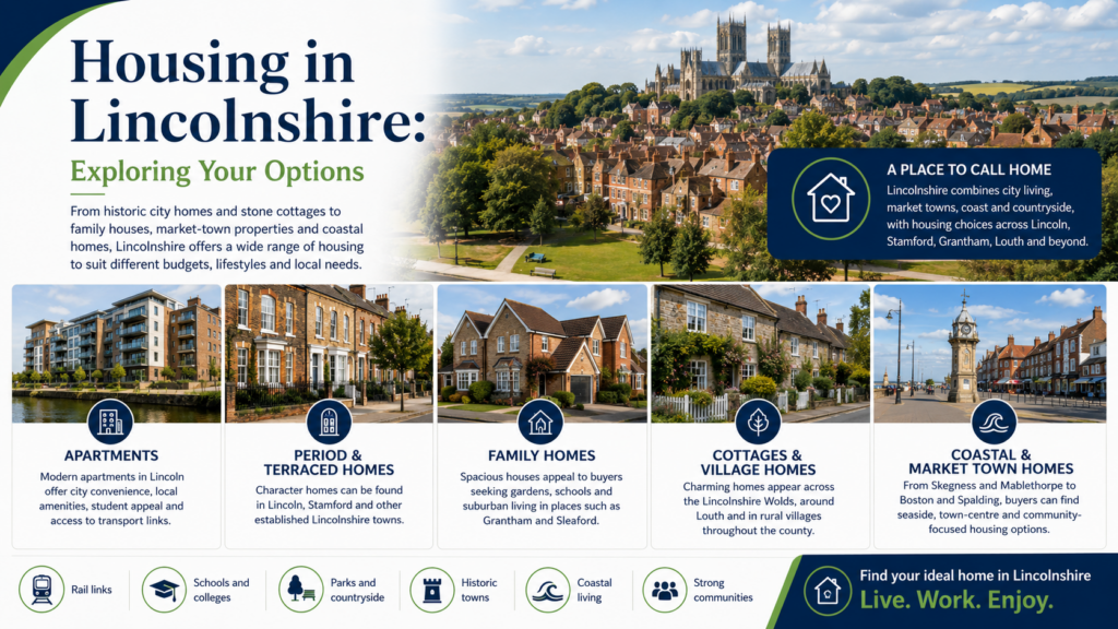 Housing in Lincolnshire graphic showing apartments, period terraces, family homes, cottages, village homes and coastal properties, with Lincoln Cathedral, green space, historic towns and countryside in the background. Why Move to Lincolnshire