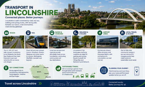 Transport in Lincolnshire graphic showing roads, rail, buses, walking, cycling, airport links, local travel options, Lincoln Cathedral, the River Witham and key connections across the county. Why Move to Lincolnshire