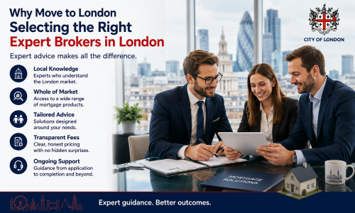 “Why Move to London expert broker guide showing mortgage advisers meeting with clients in a London office, highlighting local knowledge, whole-of-market access, tailored advice, transparent fees, and ongoing support.”