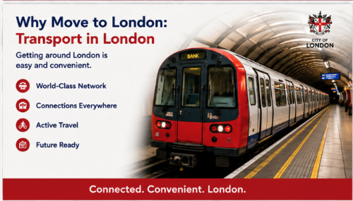 “Why Move to London transport guide featuring a London Underground train, highlighting world-class public transport, citywide connections, active travel routes, and London’s future-ready transport network.”