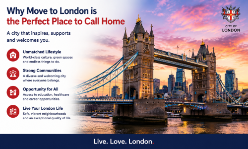 “Why Move to London lifestyle guide featuring Tower Bridge at sunset, highlighting strong communities, unmatched lifestyle opportunities, inclusive living, and why London is the perfect place to call home.”