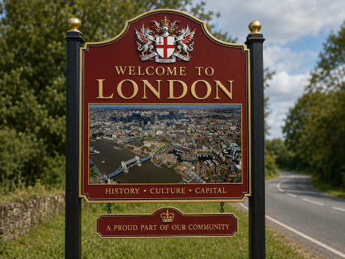 Why Move to London road sign featuring gold lettering, the London crest, and an aerial city view with Tower Bridge, the River Thames, and the capital skyline.