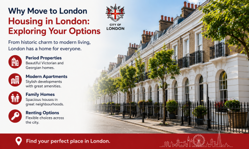 “Why Move to London housing guide showcasing housing options in London, featuring elegant Victorian and Georgian terraced homes, modern apartments, family homes, and rental opportunities across the city.”