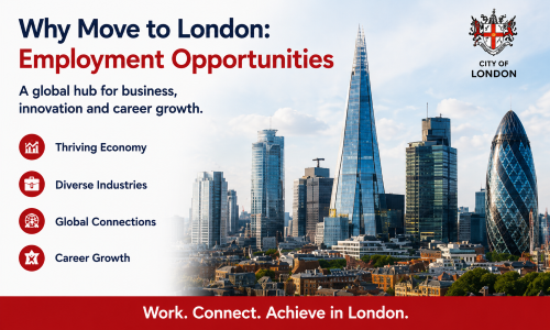 “Why Move to London employment guide highlighting career opportunities in London, featuring the city skyline with The Shard and the Gherkin, thriving industries, global business connections, and professional growth opportunities in the capital.”
