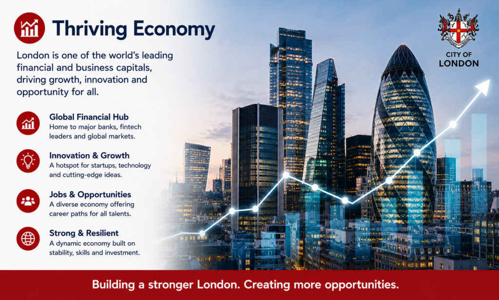 “Why Move to London thriving economy guide highlighting London as a global financial and business hub, featuring the City of London skyline, innovation and growth, jobs and opportunities, and a strong, resilient economy.”
