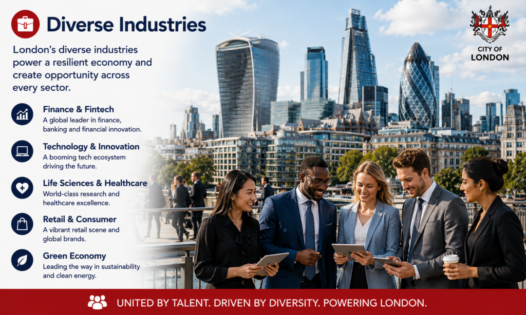 “Why Move to London diverse industries guide highlighting London’s finance, technology, healthcare, retail, and green economy sectors, featuring business professionals against the City of London skyline and showcasing the capital’s strong and resilient economy.”
