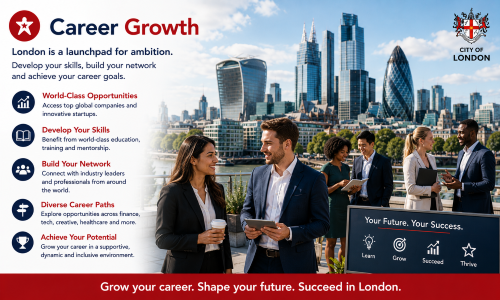 “Why Move to London career growth guide highlighting professional development, world-class opportunities, networking, diverse career paths, and career progression, featuring business professionals against the City of London skyline.”