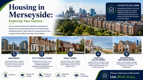 Housing in Merseyside graphic showing Liverpool waterfront apartments, city terraces, family homes, coastal and village properties, new-build estates, rail links, schools, parks, coastline and local communities. Why Move to Merseyside