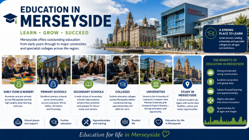 Education in Merseyside graphic showing early years, primary schools, secondary schools, colleges, universities, student life, apprenticeships and learning opportunities across Liverpool, Wirral, Sefton, St Helens and Knowsley. Why Move to Merseyside