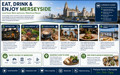 “Eat, Drink & Enjoy Merseyside” with the subtitle “Local food. Warm welcomes. Waterfront flavour.” The design uses a Liverpool waterfront image as the main header, showing the Three Graces and a Mersey ferry on the River Mersey. The introduction explains that Merseyside offers food and drink experiences across Liverpool, Wirral, Sefton, Knowsley and St Helens. The infographic is split into six sections: Historic Pubs, Local Produce, Cafés and Coffee, Family Friendly, Restaurants, and Coast and Waterfront Dining. Each section includes a photo-style image and short description, highlighting characterful pubs, independent cafés, bakeries, market stalls, casual family dining, restaurants, and waterside places to eat around areas such as Liverpool, Wirral, Southport, New Brighton and Crosby. A side panel titled “A Region of Flavour” lists key themes including proud food and drink heritage, independent cafés, neighbourhood favourites, waterfront dining, food halls, local markets and places to eat across Merseyside. Lower panels promote local favourites such as Scouse, independent bakeries, food halls and markets, fresh seafood, and Liverpool-made spirits. The footer includes icons for local favourites, independent cafés, warm hospitality, market halls and waterfront dining, ending with the phrase “Find your flavour in Merseyside. Live. Taste. Enjoy.” Why Move to Merseyside