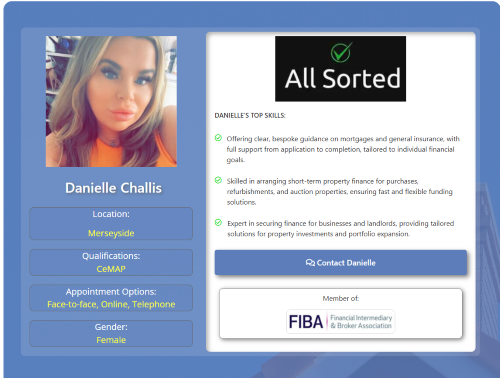 Profile card for Danielle Challis, a mortgage and insurance adviser based in Merseyside. The design has a blue background with a portrait photo on the left and an “All Sorted” logo on the right. Danielle’s profile details list her location as Merseyside, qualification as CeMAP, appointment options as face-to-face, online and telephone, and gender as female. The main panel highlights Danielle’s top skills, including providing clear bespoke guidance on mortgages and general insurance, arranging short-term property finance for purchases, refurbishments and auction properties, and securing finance for businesses and landlords. A button reads “Contact Danielle.” The lower section states that Danielle is a member of FIBA, the Financial Intermediary & Broker Association. Why Move to Merseyside