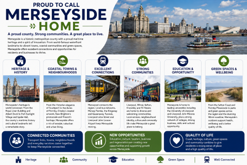 “Proud to Call Merseyside Home” with the subtitle “A proud county. Strong communities. A great place to live.” The header features Liverpool’s waterfront, including the Royal Liver Building, the Three Graces, the Museum of Liverpool and a Mersey ferry on the River Mersey. The infographic describes Merseyside as a historic metropolitan county with maritime heritage, innovation, waterfront landmarks, vibrant towns, coastal communities, green spaces and strong connections for residents and businesses. Six main sections highlight key reasons to live in Merseyside: Heritage and History, Coastal Towns and Neighbourhoods, Excellent Connections, Strong Communities, Education and Opportunity, and Green Spaces and Wellbeing. Featured examples include the Royal Liver Building, Albert Dock, Port Sunlight Village, Speke Hall, Southport, Formby, Crosby, New Brighton, Prescot, Merseyrail, Mersey Ferries, the Kingsway and Queensway tunnels, Liverpool Lime Street, Liverpool John Lennon Airport, the University of Liverpool and Liverpool John Moores University. Lower panels summarise the themes of connected communities, new opportunities and quality of life, focusing on transport links, local services, education, culture, tourism, business, regeneration, coast, heritage and green space. A footer uses icons for Heritage, Community, Education, Green Space and Well Connected. Why Move to Merseyside
