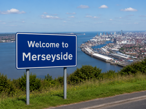 Blue “Welcome to Merseyside” road sign overlooking the River Mersey, Liverpool waterfront, docks, city skyline and green roadside verge under a clear blue sky. Why Move to Merseyside
