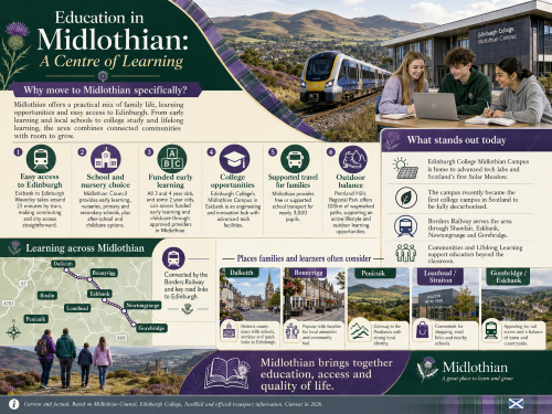 Infographic titled “Education in Midlothian: A Centre of Learning”, showing students studying, Edinburgh College Midlothian Campus, the Borders Railway, Pentland Hills and a map of Midlothian. The graphic highlights reasons to move to Midlothian for education, including access to Edinburgh, school and nursery choice, funded early learning, college opportunities, supported school transport, outdoor learning, and connected communities in Dalkeith, Bonnyrigg, Penicuik, Loanhead, Straiton, Gorebridge and Eskbank. Why Move to Midlothian