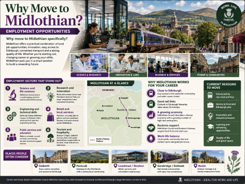 Infographic titled “Why Move to Midlothian? Employment Opportunities”, showing office work, science labs, the Borders Railway, Midlothian towns and countryside. The graphic highlights local employment strengths including science and life sciences, research and innovation, engineering skills, retail and local services, public services, education, tourism and hospitality, with a map showing Dalkeith, Loanhead, Roslin, Shawfair, Eskbank, Newtongrange and Gorebridge. Why Move to Midlothian