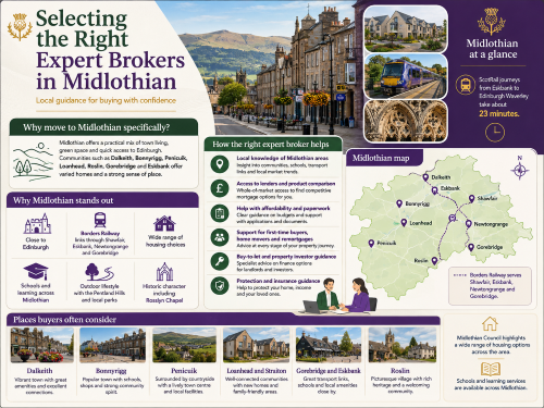 Infographic titled “Selecting the Right Expert Brokers in Midlothian”, showing Midlothian town streets, countryside, new homes, the Borders Railway, Rosslyn Chapel and a regional map. The graphic explains why local broker support matters, highlighting Midlothian’s proximity to Edinburgh, rail links through Shawfair, Eskbank, Newtongrange and Gorebridge, varied housing choices, schools, outdoor lifestyle, historic character and guidance for buyers, remortgages, landlords, protection and insurance. Why Move to Midlothian
