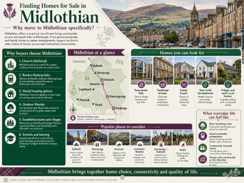 Infographic titled “Finding Homes for Sale in Midlothian”, showing Midlothian town streets, countryside views, a regional map and different home styles. The graphic highlights reasons buyers choose Midlothian, including proximity to Edinburgh, Borders Railway links through Shawfair, Eskbank, Newtongrange and Gorebridge, varied housing options, outdoor lifestyle, established towns and villages, schools and learning, and popular areas such as Dalkeith, Bonnyrigg, Penicuik, Loanhead, Straiton, Gorebridge, Eskbank and Roslin. Why Move to Midlothian
