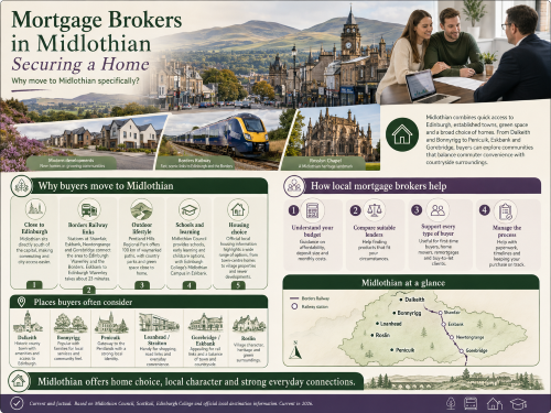 Infographic titled “Mortgage Brokers in Midlothian: Securing a Home”, showing Midlothian town streets, countryside, modern homes, a mortgage advice meeting, the Borders Railway, Rosslyn Chapel and a regional map. The graphic explains why buyers move to Midlothian, including proximity to Edinburgh, rail links through Shawfair, Eskbank, Newtongrange and Gorebridge, outdoor lifestyle, schools and learning, varied housing choices, and local mortgage broker support for budgeting, lender comparison, buyer guidance and managing the home purchase process. Why Move to Midlothian