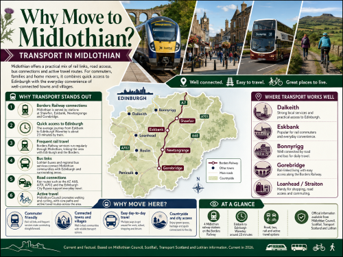 Infographic titled “Why Move to Midlothian? Transport in Midlothian”, showing a ScotRail train, Midlothian town streets, a bus, countryside walking and cycling routes, and a regional transport map. The graphic highlights Borders Railway connections through Shawfair, Eskbank, Newtongrange and Gorebridge, quick access to Edinburgh, bus links, road routes including the A7, A68, A701 and A702, active travel options, and well-connected places such as Dalkeith, Bonnyrigg, Eskbank, Gorebridge, Loanhead and Straiton. Why Move to Midlothian