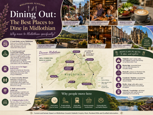 Infographic titled “Dining Out: The Best Places to Dine in Midlothian”, showing local cafés, family-friendly restaurants, pub meals, brunch, countryside dining, Dalkeith Country Park and a map of Midlothian. The graphic highlights dining options in Dalkeith, Bonnyrigg, Penicuik, Loanhead, Straiton, Roslin, Gorebridge and Eskbank, with reasons to move including local food choice, countryside settings, quick links to Edinburgh, family-friendly communities, everyday convenience and a balanced town-and-country lifestyle. Why Move to Midlothian