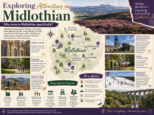 Infographic titled “Exploring Attractions in Midlothian”, showing the Pentland Hills, a hand-drawn Midlothian map, Rosslyn Chapel, Dalkeith Country Park, the National Mining Museum Scotland, Vogrie Country Park and Midlothian Snowsports Centre. The graphic highlights reasons to move to Midlothian, including heritage close to home, outdoor space, family days out, year-round activities, quick access to Edinburgh, strong local identity and attractions across Roslin, Dalkeith, Newtongrange, Gorebridge, Penicuik and Hillend. Why Move to Midlothian
