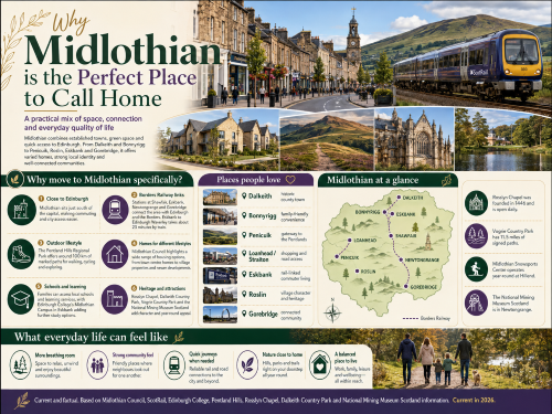 Infographic titled “Why Midlothian is the Perfect Place to Call Home”, showing Midlothian town streets, the Pentland Hills, a ScotRail train, modern homes, Rosslyn Chapel, Vogrie Country Park and a regional map. The graphic highlights reasons to move to Midlothian, including proximity to Edinburgh, Borders Railway links, outdoor lifestyle, varied homes, schools and learning, heritage attractions, strong community feel and everyday access to towns such as Dalkeith, Bonnyrigg, Penicuik, Loanhead, Eskbank, Roslin and Gorebridge. Why Move to Midlothian