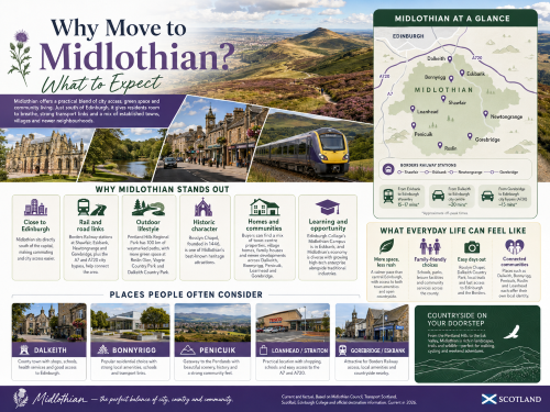 Infographic titled “Housing in Midlothian: Exploring Your Options”, showing town centre homes, modern family developments, village properties, the Pentland Hills, Rosslyn Chapel and a Midlothian map. The graphic highlights housing choices in Dalkeith, Bonnyrigg, Penicuik, Loanhead, Straiton, Gorebridge and Eskbank, with reasons to move including proximity to Edinburgh, Borders Railway links, outdoor space, historic character, local communities and varied homes. Why Move to Midlothian