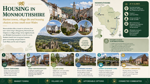 A Monmouthshire housing infographic titled “Housing in Monmouthshire”, showing a county map with Abergavenny, Monmouth, Usk, Chepstow and Caldicot, alongside housing choices including market town homes, family neighbourhoods, village living, affordable housing, connected border living and growing communities. Why Move to Monmouthshire