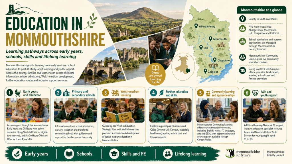 A Monmouthshire education infographic titled “Education in Monmouthshire”, showing Abergavenny, Monmouth, Usk, Chepstow and Caldicot on a county map, with learning pathways for early years, schools, Welsh-medium education, further education, community learning, apprenticeships, ALN and youth support. Why Move to Monmouthshire